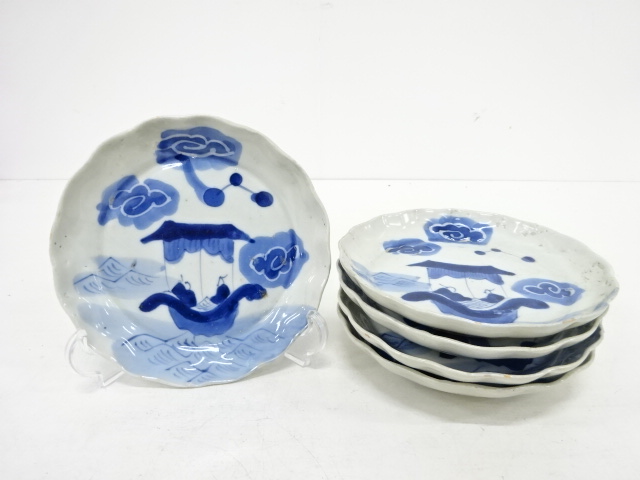 桃】古伊万里：染付巴文様五寸皿 古伊万里】 染錦金彩草花